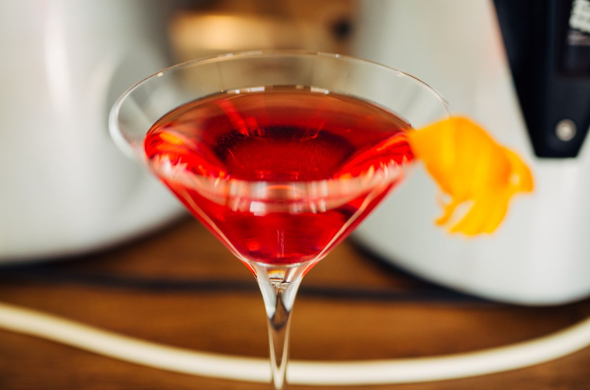 Close-up of a craft cocktail with garnish